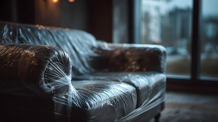 Couch wrapped in plastic with blurred background