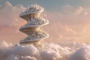 Surreal Floating Spiral Tower Above the Clouds
