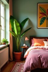 Mid-century modern bedroom, vibrant potted foliage, photography, design