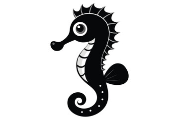 Black Seahorse Cartoon Illustration, Cute Sea Animal, Sea Creature,White Background