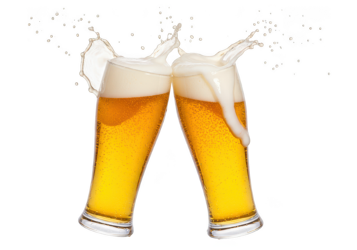 Two tall glasses of golden beer clinking together with frothy splash isolated on transparent background - Powered by Adobe