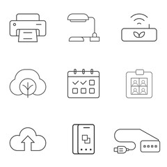 Remote Work Home Office Elements Vector Icon Set – Printers, USB Devices, Cloud Storage, Calendar