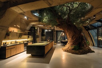 Biophilic Futuristic Kitchen with Tree Growing Indoors