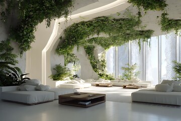 Futuristic Lounge with Hanging Gardens and Light Beams
