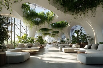 Futuristic Lounge with Hanging Gardens and Light Beams