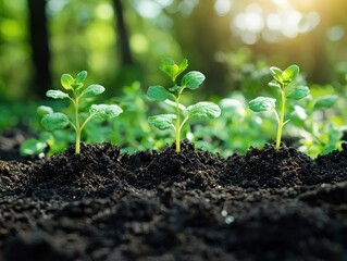 Young plants emerging from fertile soil, bathed in sunlight