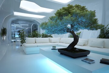 Futuristic Living Room with Glowing Bonsai Tree Centerpiece