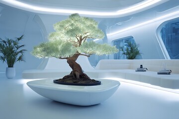 Futuristic Living Room with Glowing Bonsai Tree Centerpiece