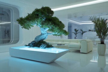 Futuristic Living Room with Glowing Bonsai Tree Centerpiece