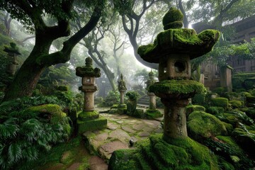 Misty garden path lined with moss-covered stone lanterns