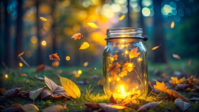 Jar of autumn fireflies and leaves