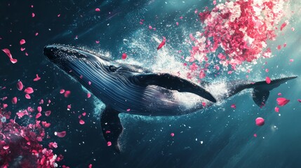 Whale illustration breaching from water, stylized floral splashes, generative ai