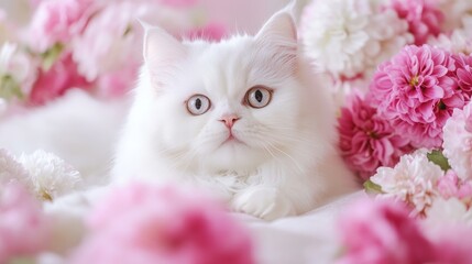 White Persian cat with flowers in its fur, posing against a pure background, generative ai