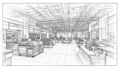 Modern retail store interior with metal pipe ceiling. Large window for natural light, soft shadows on wooden floor. Aisles organized, shelves displayed. Neutral gray walls, chair for seating.