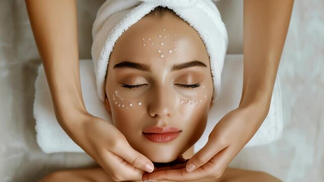 Serene close-up captures woman with towel-wrapped head, enjoying gentle facial massage. Cream dots accent her face as she lies back with her eyes closed, basking in relaxation.
