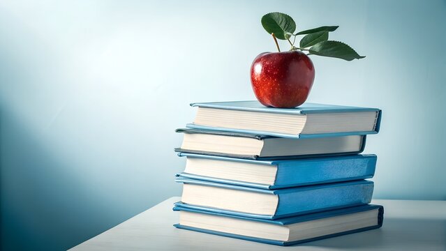 A stack of books with a red apple on top, representing education and learning
