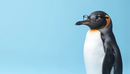 Naklejka premium Smart penguin wearing glasses on gray surface. Cute bird in blue background. Penguin black head, brown body, white belly, gray beak, feet. Intelligent animal reads book, studies science, technology.