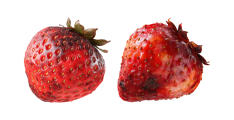 Rotten Strawberries Pair Decayed Berries on Transparent Backdrop Unappetizing Food Waste Concept Spoiled Produce Moldy Texture Imperfect