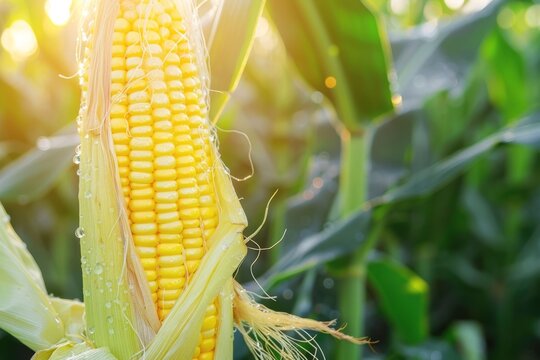 Close-up view of ripe corn on the cob in a sunlit cornfield during the late afternoon harvest season