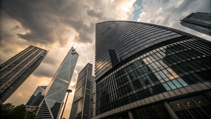 Obraz premium Skyscrapers in a citys financial district with modern architecture and highrise buildings under cloudy sky