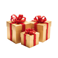 Obraz premium Three golden gift boxes, layered, with red ribbons and bows