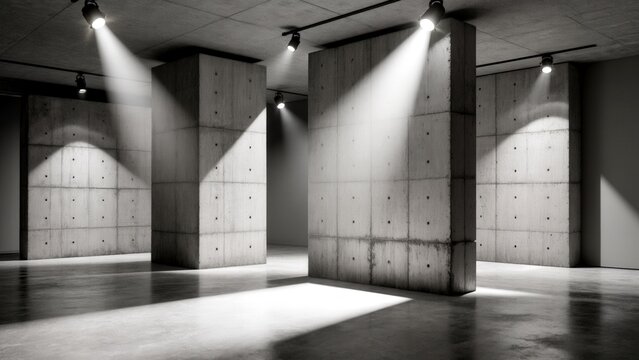 Architectural gallery in raw concrete with spotlight accents