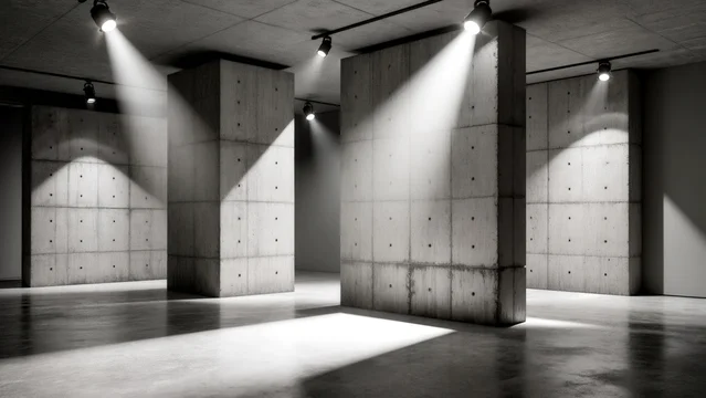 Architectural gallery in raw concrete with spotlight accents