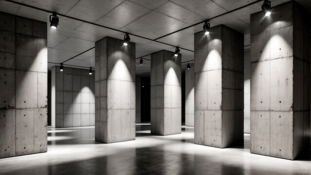 Sharp-lit brutalist space with dramatic shadows