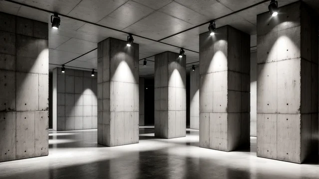 Sharp-lit brutalist space with dramatic shadows