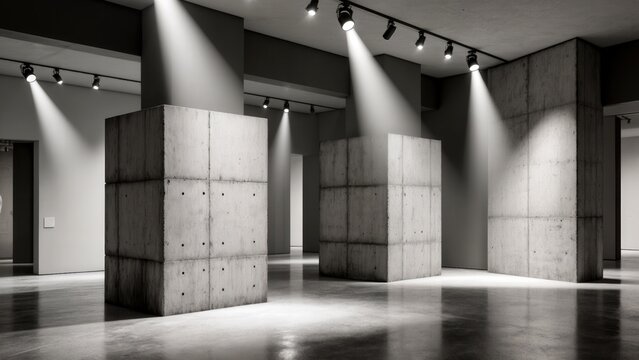 Brutalist interior gallery with raw concrete geometry