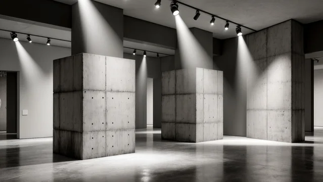 Brutalist interior gallery with raw concrete geometry