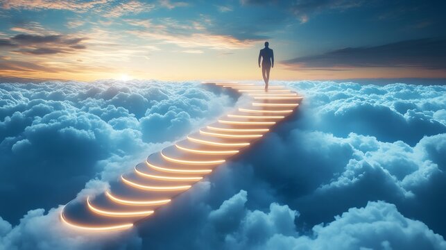 Businessman walking up illuminated stairway to heaven above clouds at sunset - Powered by Adobe