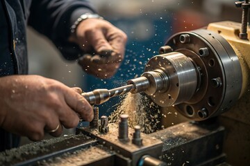 Precision metal lathe turning machine in operation for industrial manufacturing process work 100 characters on transparent background