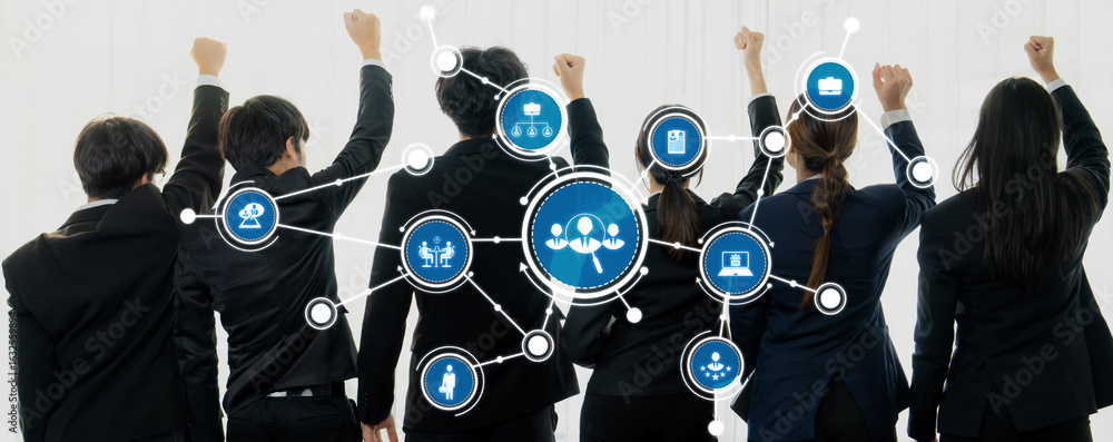Poster group of business professionals raising fists in unity against minimalistic background with digital 
