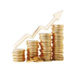 Gold coins stacked in ascending order, topped by a rising arrow