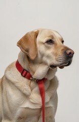 Light brown dog sitting on gray surface, wearing red collar. Dog body faces right, head turned left. Vibrant red collar contrasts with dog fur. White background highlights dog and collar.