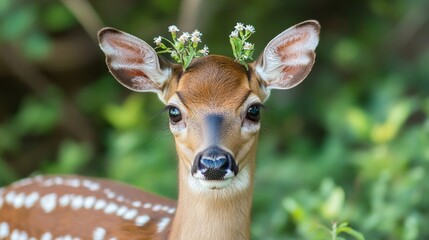 Young deer with tiny flowers behind its ears, clean aesthetic, cruelty-free beauty product awareness generative ai