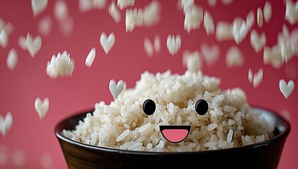 Bowl of rice with a happy face, hearts raining down