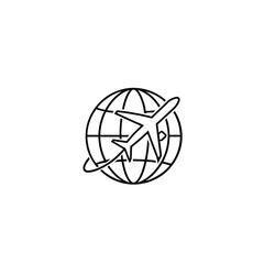 Airplane circumnavigating the globe outline icon   0n white brackground 