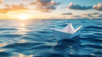 Obraz premium Paper boat sailing on calm ocean at sunset, freedom and adventure concept
