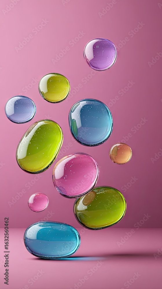 Poster floating colorful jelly blobs on pink background