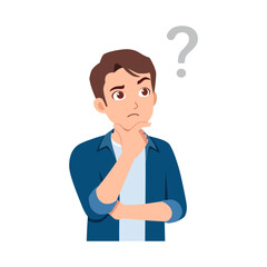 Pensive Man with Finger on Chin and a Question Mark Above His Head, Wearing Casual Shirt