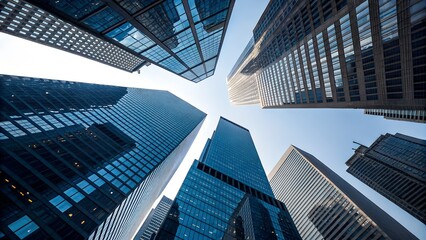 Obraz na płótnie Canvas Low angle view of multiple skyscrapers with glass facade reaching towards the sky in the city