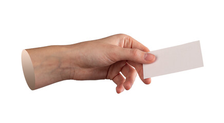 Obraz premium Female hand holding blank rectangular card in clean minimal style, simple mockup for business,