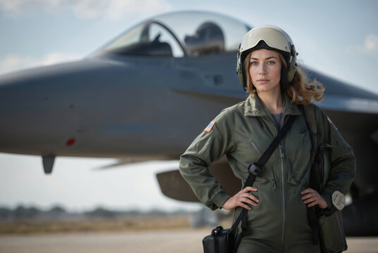 Female pilot confidently stands near fighter jet on airfield. Military woman in green uniform and white helmet. Hand on hip and black bag on back. Gray fighter jet with red stripe on gray tarmac.