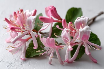 Fototapeta premium Delicate pink honeysuckle blossoms arranged on a white wooden background, perfect for springtime.