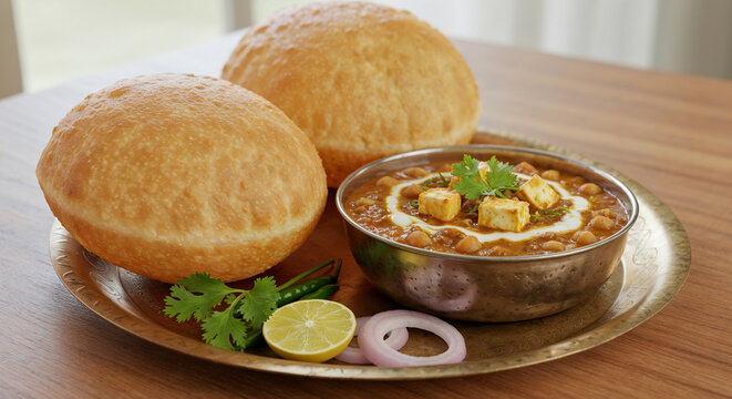 A close-up shot of a vibrant Indian dish, chole bhature