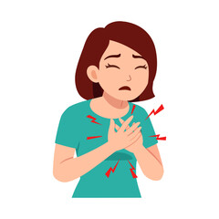 Worried Caucasian Woman Holding Chest in Pain, Having Heart Attack Symptom, Isolated Illustration