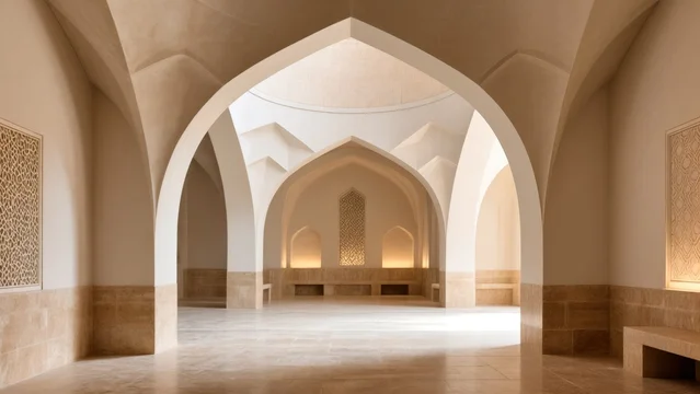 Minimalist mosque interior with soft arches and warm tones