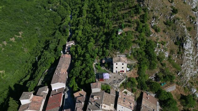 Aerial view of Castrovalva, a village in the municipality of Anversa degli Abruzzi, in Abruzzo